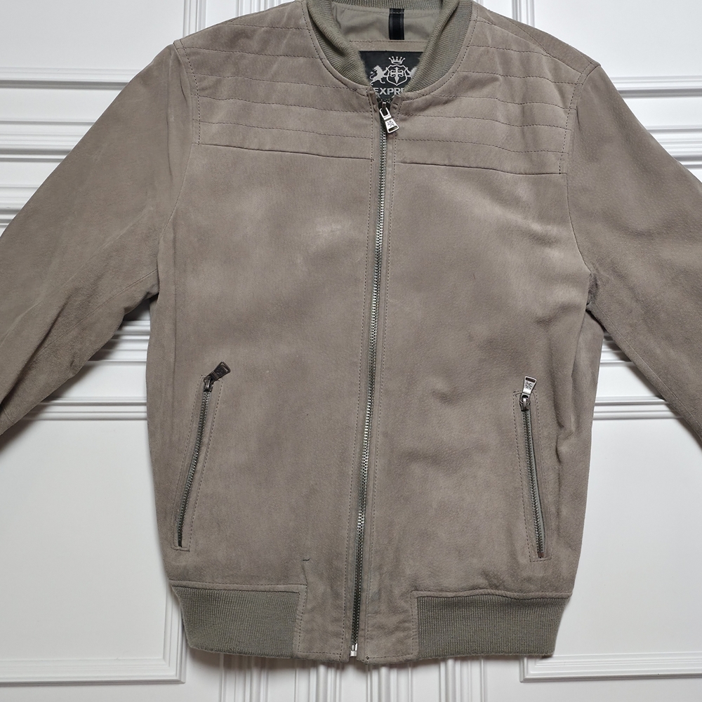 Express Men's Beige Leather Bomber Jacket M  18"P2P.